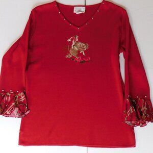 VTG Ranch Dressing Red Women's Size L Knit Top Cowboy Western Equestrian Horse